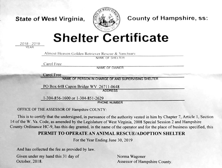 2018-2019 Shelter Certificate